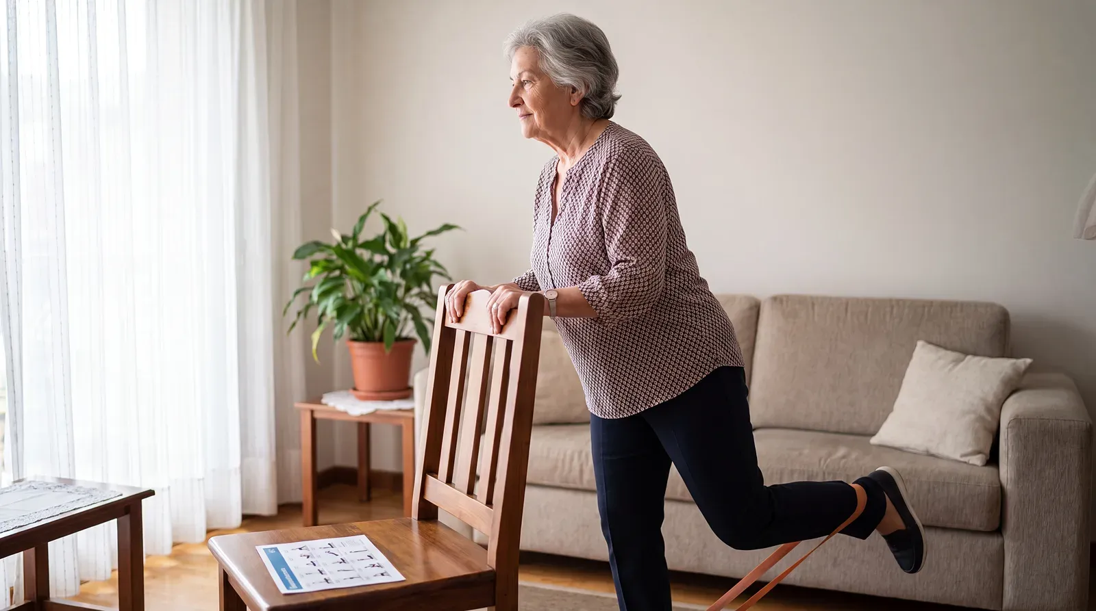 Ältere Patientin übt mit einem Theraband im eigenen Wohnzimmer
